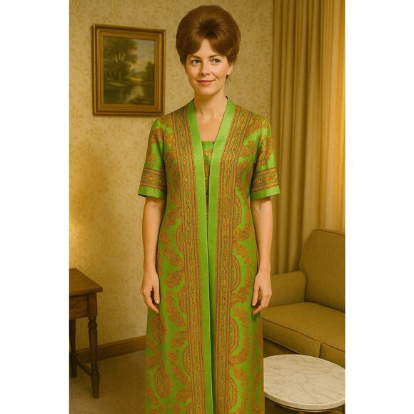 Vintage 1960’s Fifth Avenue Robes By M.W. -Green Pink Long Robe Asian Inspired - Picture 1 of 11